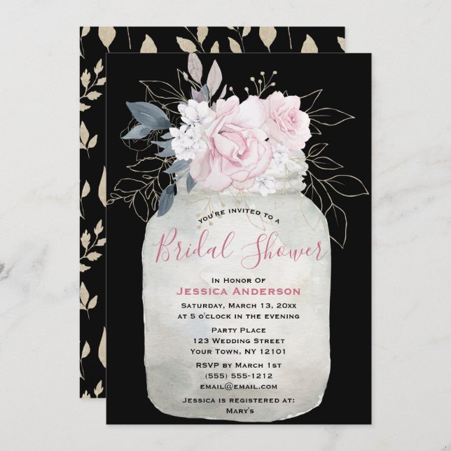 Convites Chá de panela Floral Dourado Mason Jar Preto (Frente/Verso)