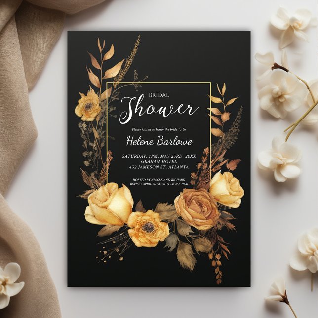 Convites Chá de panela Floral Dourado Preto (Black Gold Floral Watercolor Bridal Shower Invitation)