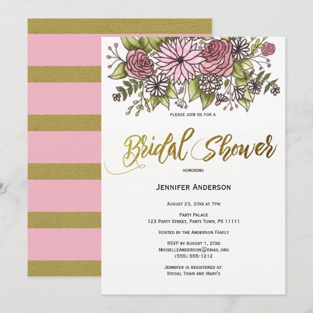 Convites Chá de panela Floral Dourado rosa (Frente/Verso)
