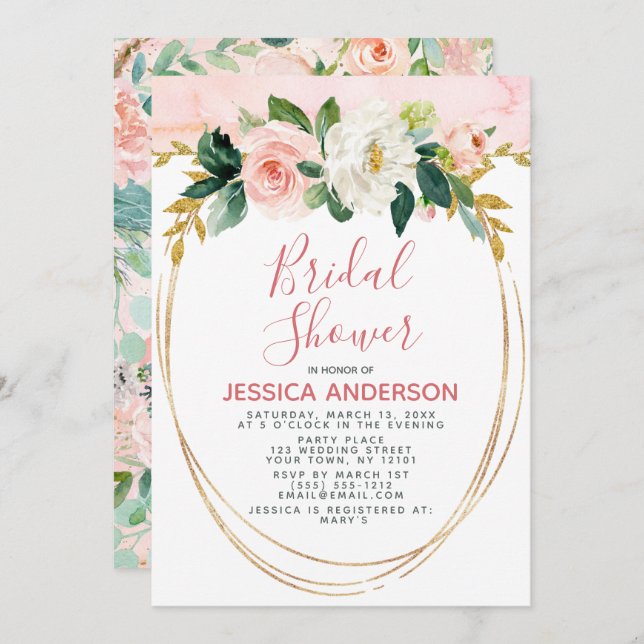 Convites Chá de panela Floral Dourado Rosa (Frente/Verso)