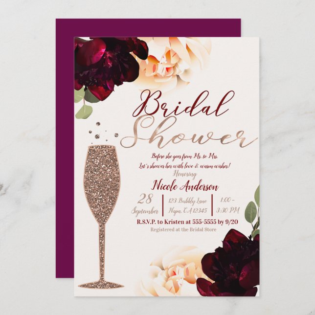 Convites Chá de panela Floral Dourado Rosa de Champagne (Frente/Verso)