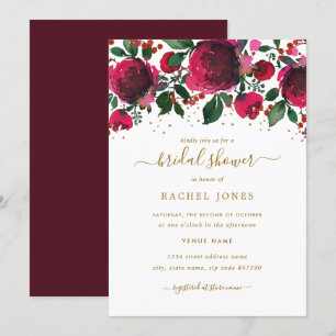 Convites Chá de panela Floral Dourado Vermelho Burgundy
