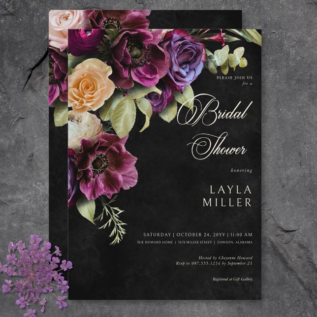 Convites Chá de panela Floral Dramático Negro Elegante Escu (Dark Elegant Black Dramatic Floral Bridal Shower Invitation)