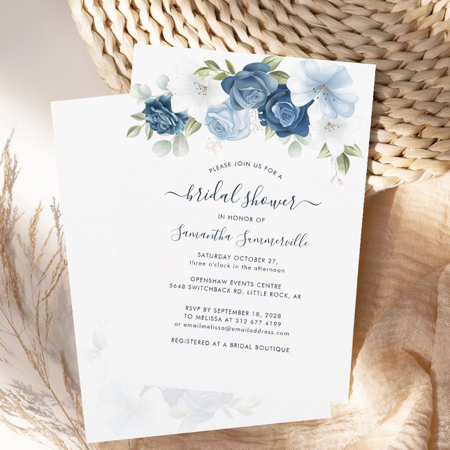 Convites Chá de panela Floral Dusty Azul (Floral Dusty Blue and White Nature Script Bridal Shower Invitation)