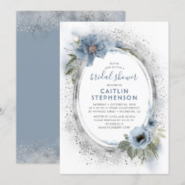 Convites Chá de panela Floral Dusty Blue e Silver Glitter