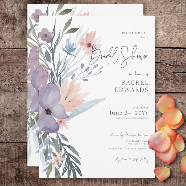 Convites Chá de panela Floral Dusty Purple & Blue Boho (Dusty Purple & Blue Boho Floral Bridal Shower Invitation)