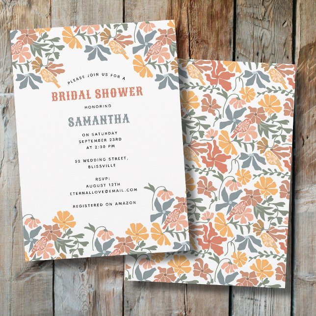 Convites Chá de panela Floral e Meio século de Aves (Abstract Floral & Birds Mid Century Bridal Shower Invitation)