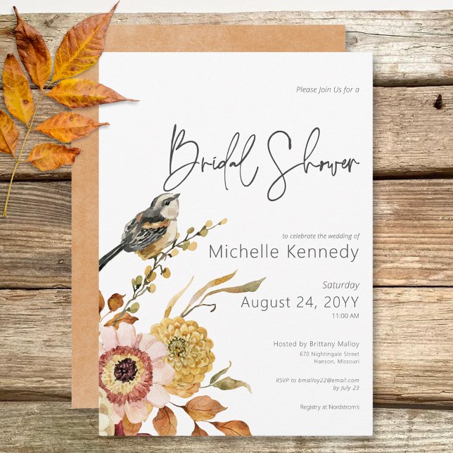 Convites Chá de panela Floral e Pássaro de Queda Moderna (Modern Fall Floral & Bird Bridal Shower Invitation)