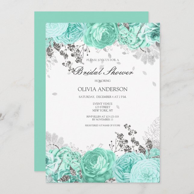 Convites Chá de panela Floral Elegante Aqua Silver (Frente/Verso)