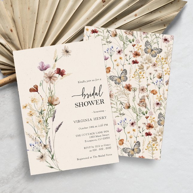 Convites Chá de panela Floral Elegante Boho (Rustic Boho Wildflower Bridal Shower Invitation with Butterflies by Painted Paperie)