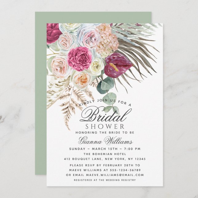 Convites Chá de panela Floral Elegante Boho (Frente/Verso)