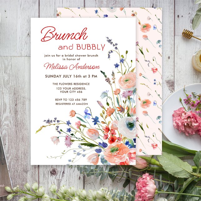 Convites Chá de panela Floral Elegante Brunch e Bubble (Criador carregado)