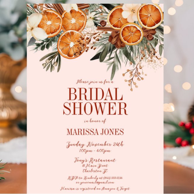 Convites Chá de panela Floral Elegante Citrus (Pink Orange Citrus Floral Bridal Shower Invitation, Christmas, Fall Autumn, Elegant Modern Wedding)