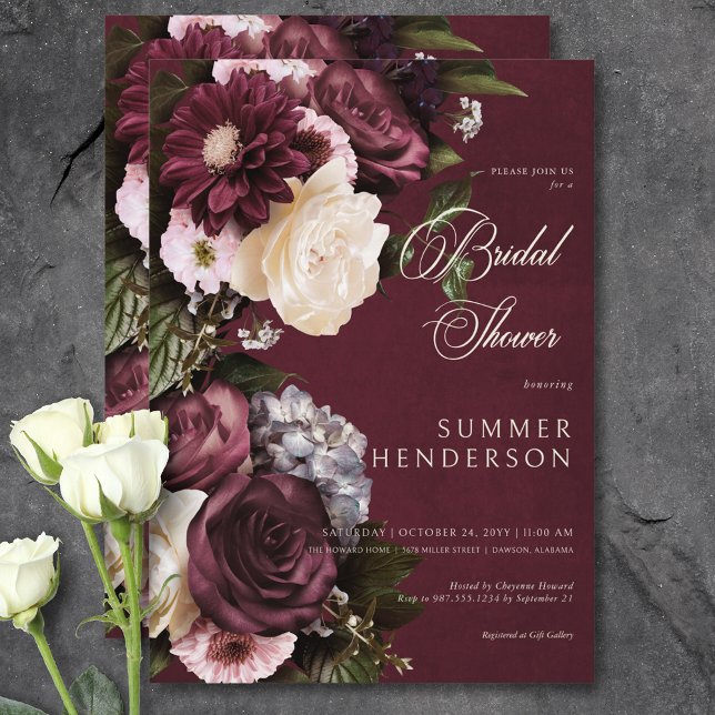 Convites Chá de panela Floral Escuro Elegante Burgundy e Cr (Dark Elegant Burgundy & Cream Floral Bridal Shower Invitation)