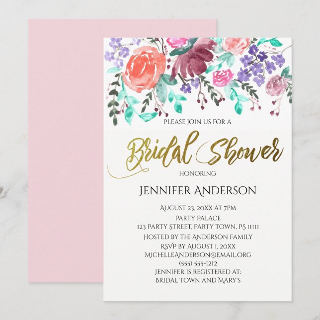 Convites Chá de panela Floral Folha de Rosa rosa-Dourado (Frente/Verso)