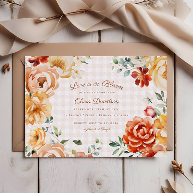 Convites Chá de panela Floral Gingham Dourado Fall Rust (Criador carregado)