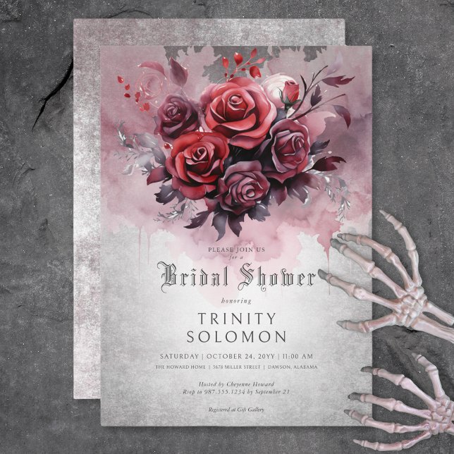 Convites Chá de panela Floral Gótico Preto e Rosa vermelha (Gothic Black & Red Rose Floral Bridal Shower Invitation)