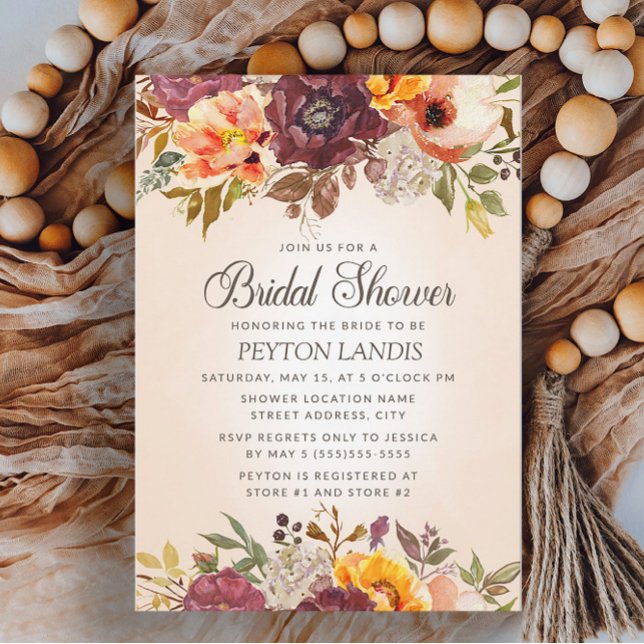 Convites Chá de panela Floral Laranja Fall outono (Burgundy and orange floral fall bridal shower invitation)