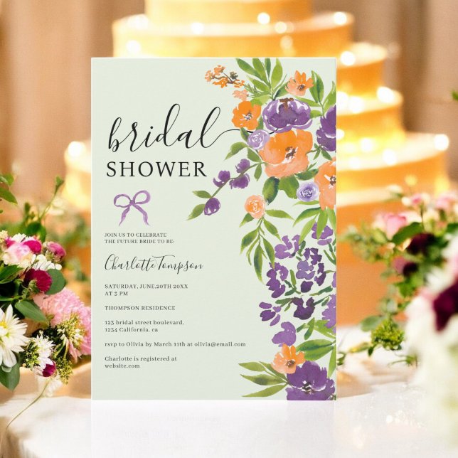 Convites chá de panela Floral Laranja primavera Lavanda Ver (Spring Green Lavender Orange Floral bridal shower Invitation)