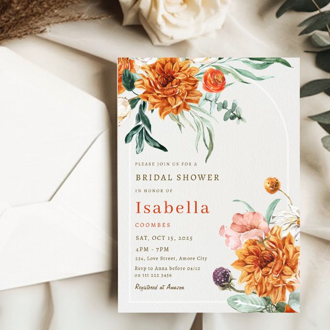 Convites Chá de panela Floral Laranja Queimado Elegante (Elegant Burnt Orange Fall Floral Bridal Shower Invitation)