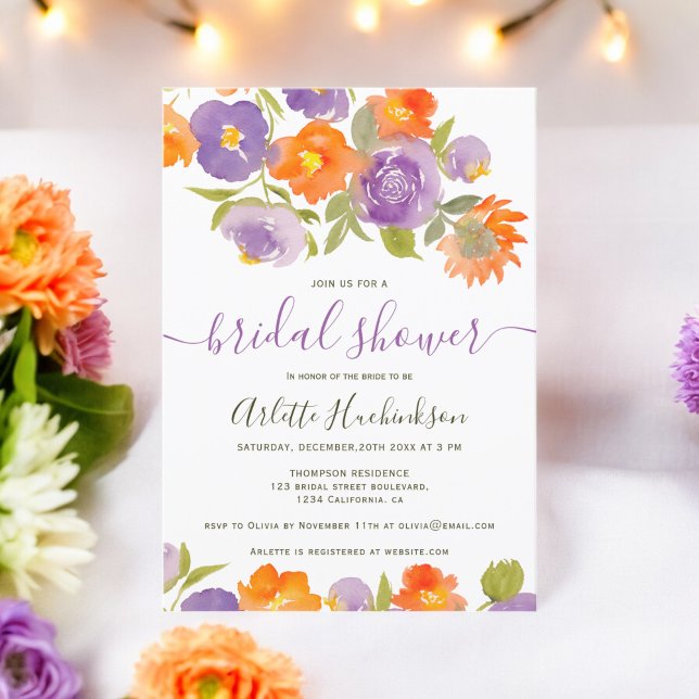 Convites Chá de panela Floral Laranja Roxo de Verão (Summer Purple Orange Floral Boho Bridal Shower Invitation)