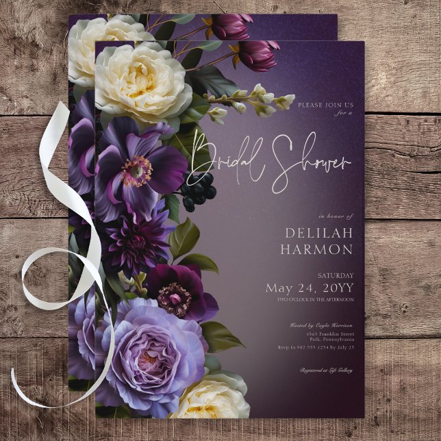 Convites Chá de panela Floral Lavanda e Roxo Escuro (Dark Moody Purple & Lavender Floral Bridal Shower Invitation)