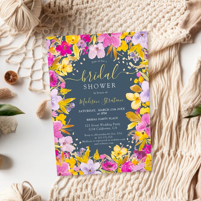 Convites Chá de panela floral lavanda roxo moderno de Boho (Boho modern purple lavender floral bridal shower invitation on dusty blue)