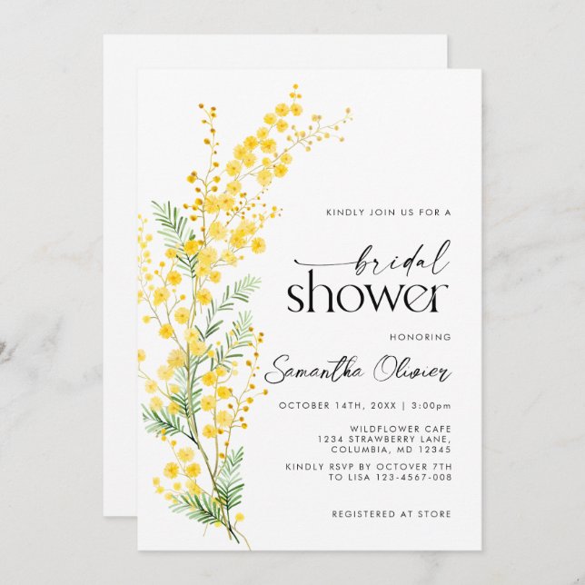 Convites Chá de panela Floral Mimosa Ouro Amarelo primavera (Frente/Verso)