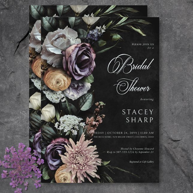 Convites Chá de panela Floral Misterioso Mudado Gótico Escu (Dark Gothic Mysterious Muted Floral Bridal Shower Invitation)