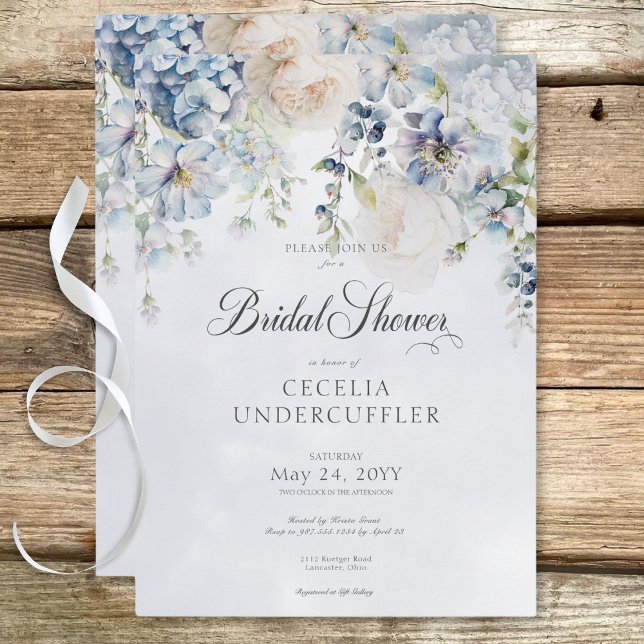 Convites Chá de panela Floral Moderno Azul e Branco (Blue & White Floral Modern Bridal Shower Invitation)
