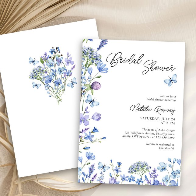 Convites Chá de panela Floral Moderno de Flor Selvagem Azul (Floral Bridal Shower invitation from my Blue Wildflower Bridal Shower Collection )