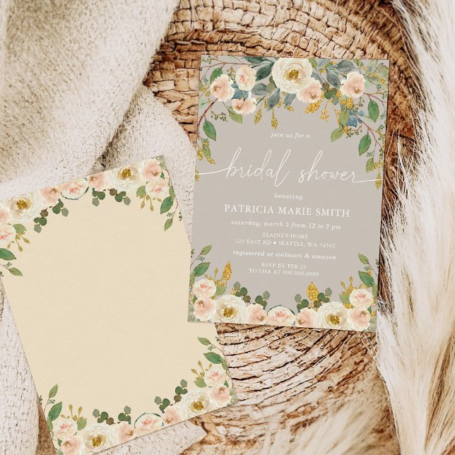 Convites Chá de panela Floral Moderno Elegante de Pesseguei (Modern Elegant Taupe Peach Floral Bridal Shower Invitation)