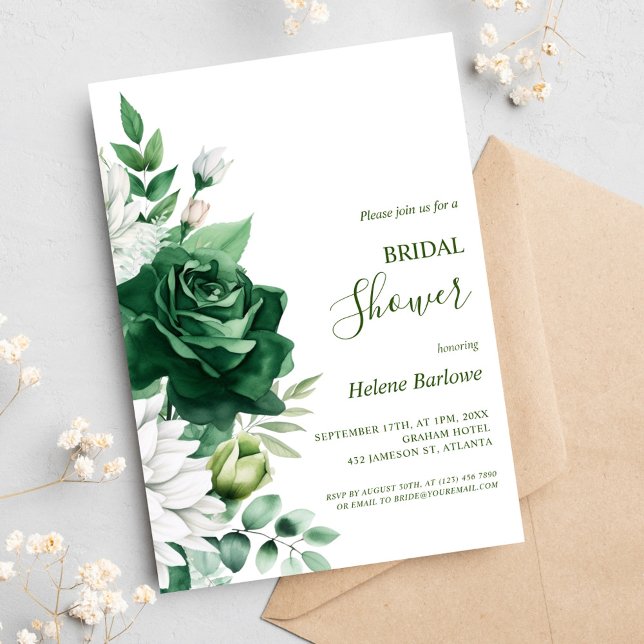 Convites Chá de panela Floral Moderno Elegante Elegante Eme (Emerald Green Modern Elegant Floral Bridal Shower Invitation)