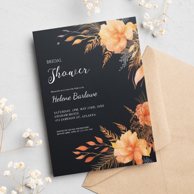 Convites Chá de panela Floral Moderno Preto (Black Modern Floral Bridal Shower Invitation)