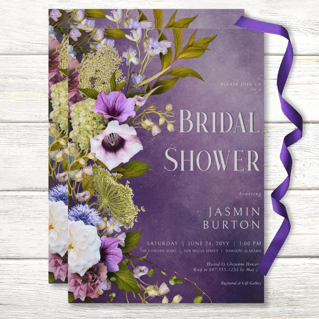 Convites Chá de panela Floral Moderno Roxo Escuro e Sage (Dark Purple & Sage Floral Modern Bridal Shower Invitation)