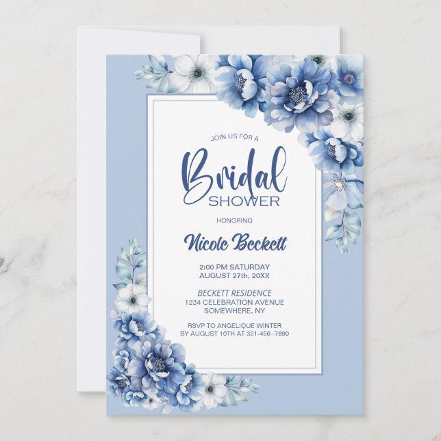 Convites Chá de panela Floral na moda Azul (Frente)