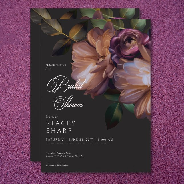 Convites Chá de panela Floral Negro Elegante (Elegant Black Moody Floral Bridal Shower Invitation)