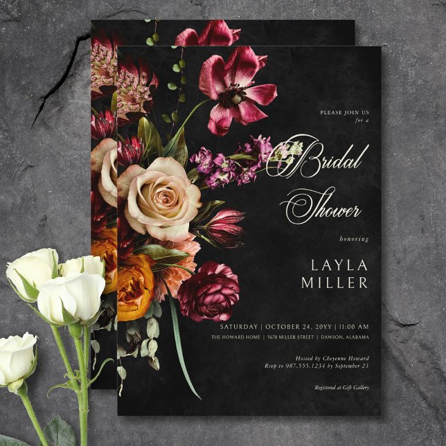 Convites Chá de panela Floral Negro Negro Negro Escuro (Dark Elegant Black Autumn Floral Bridal Shower Invitation)