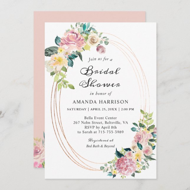 Convites Chá de panela Floral Pastel de Quadro Oval Moderno (Frente/Verso)