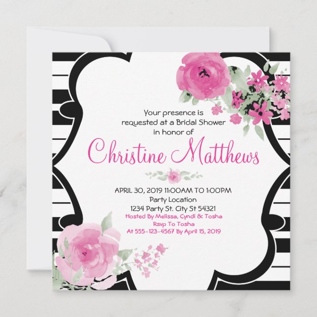 Convites Chá de panela Floral Preto, Branco, Rosa (Frente)