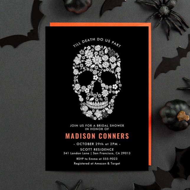 Convites Chá de panela Floral Preto do Crânio do Halloween (Criador carregado)