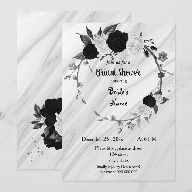 Convites Chá de panela floral preto e branco (Frente/Verso)