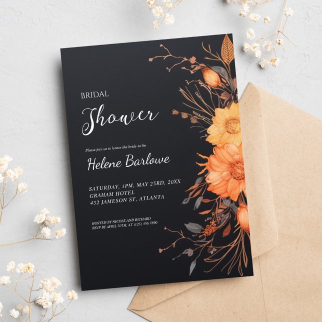 Convites Chá de panela Floral Preto Moderno (Modern Black Floral Fall Bridal Shower Invitation)