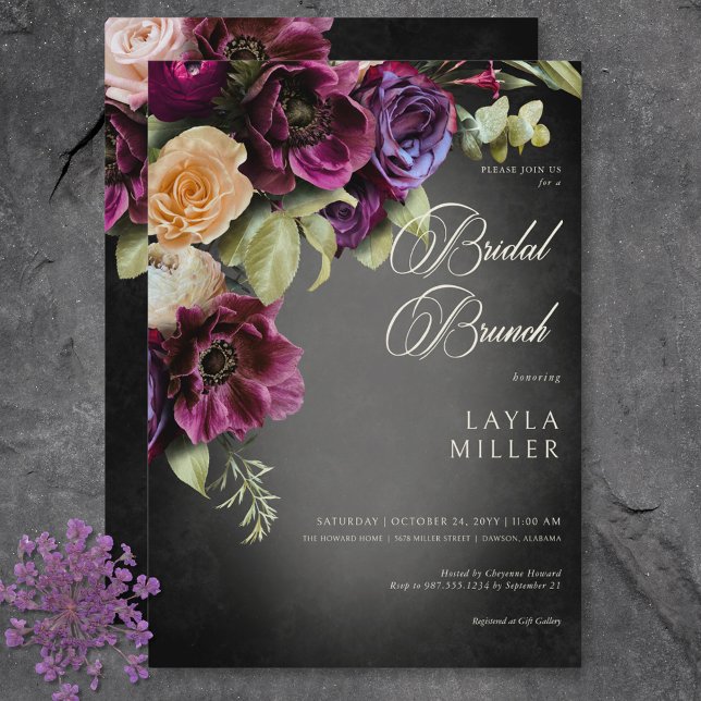 Convites Chá de panela Floral Preto Negra Escuro (Dark Elegant Black Blur Floral Bridal Shower Invitation)