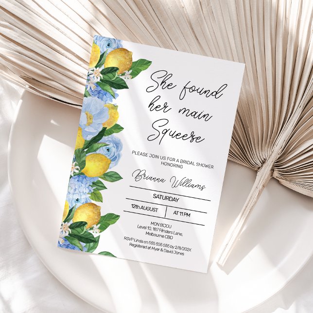 Convites Chá de panela Floral Principal de Limão Moderno (She Found Her Main Squeeze Bridal Shower Invitation, Lemon Bridal Shower Invitation Template Blue)