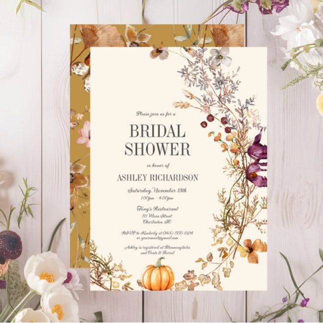 Convites Chá de panela Floral Pumpkin Boho (Fall Pumpkin Floral Bridal Shower Invitation, Ivory Bridal Shower Invite, Wildflowers )