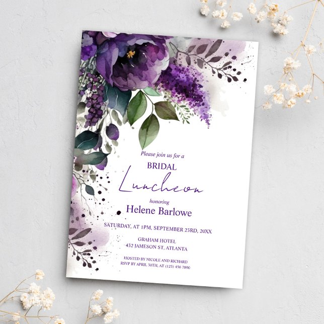 Convites Chá de panela Floral Puro Botânico (Botanical Purple Floral Bridal Shower Luncheon Invitation)