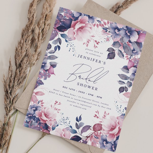 Convites Chá de panela Floral Púrpura, Rosa Elegante (Elegant Dusty Pink Purple Floral Bridal Shower Invitation)