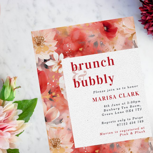 Convites Chá de panela Floral Red & Blush Brunch e Bubble (Criador carregado)
