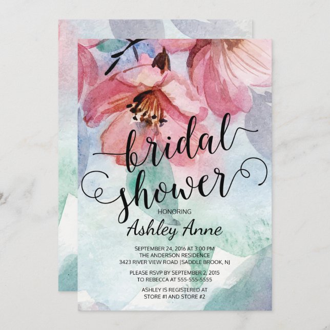 Convites Chá de panela Floral Rosa Cor de Água Moderna (Frente/Verso)